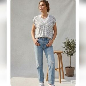 Wilfred Gray and White Striped V-Neck Tee